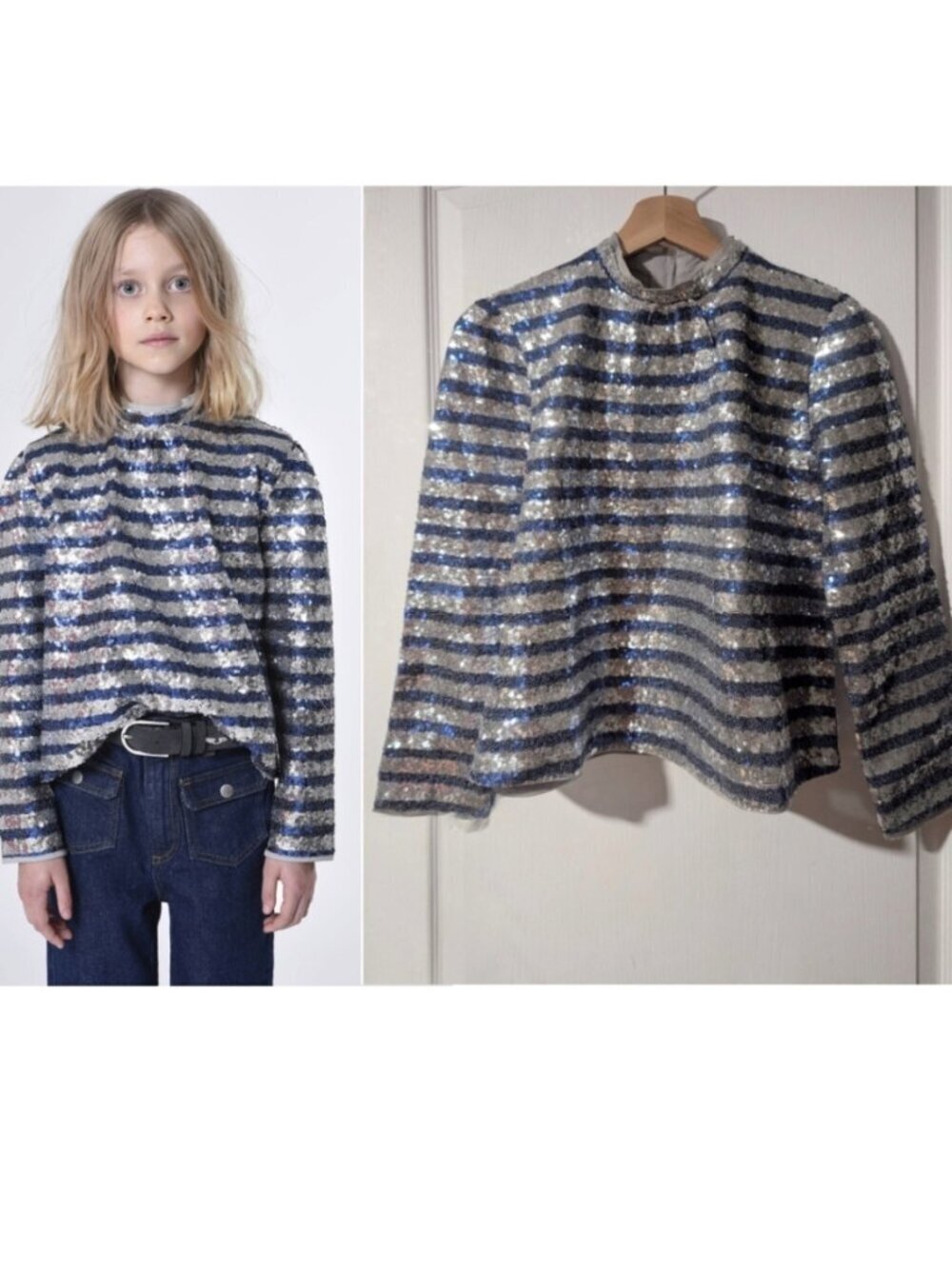 Zadig & Voltaire | Kids Tummy Sparkle Sequin Blouse Striped Silver/Blue